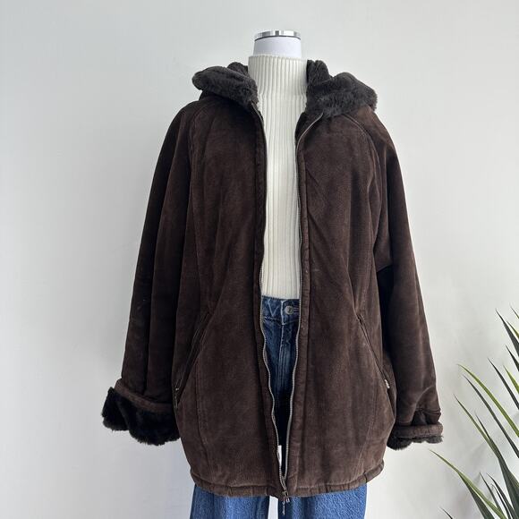 Marvin Richards Jacket Womens XL Brown Suede Leather Faux Fur Lined Hooded - Picture 1 of 10